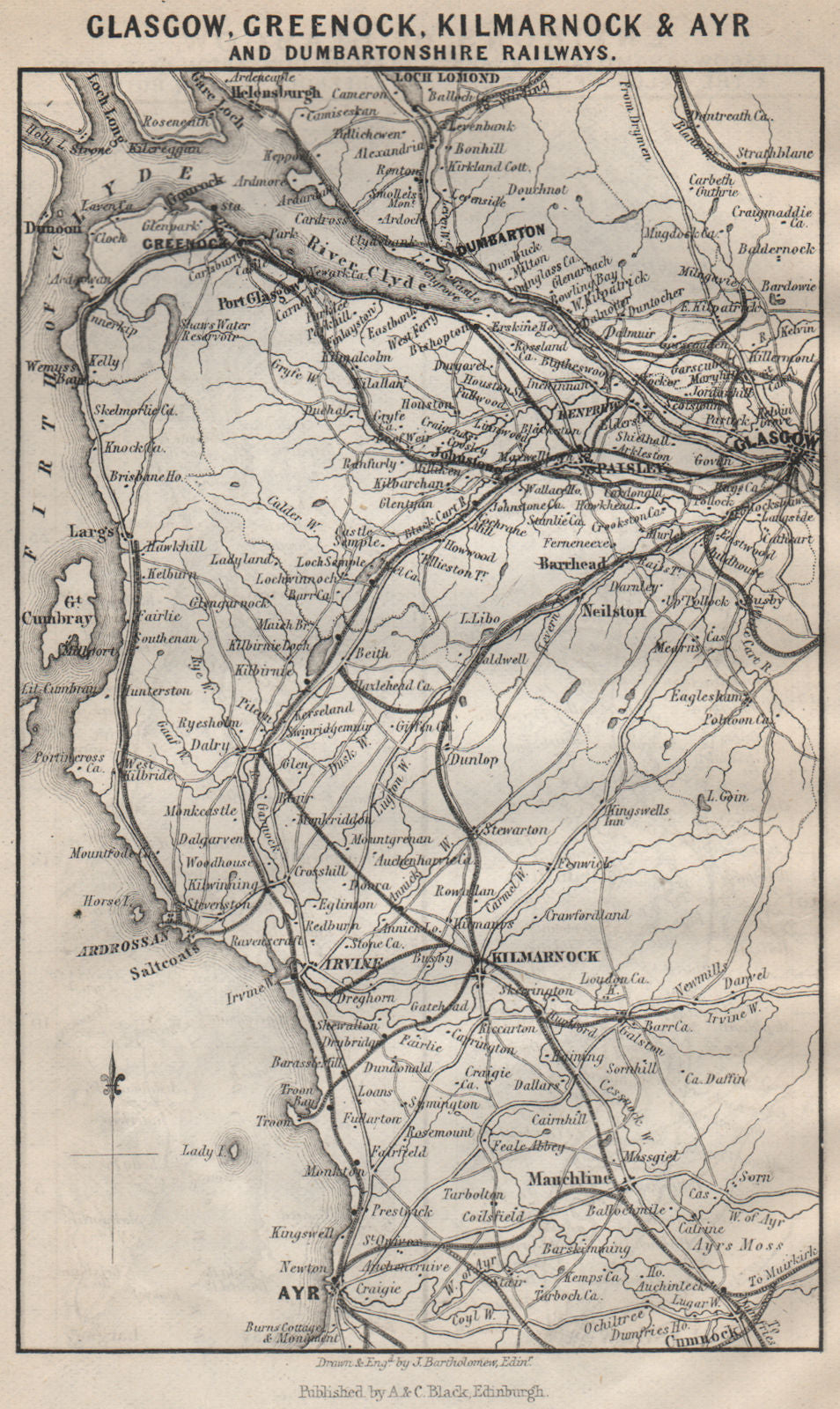 Glasgow Greenock Kilmarnock Ayr Dumbartonshire Railways. Scotland 1886 old map